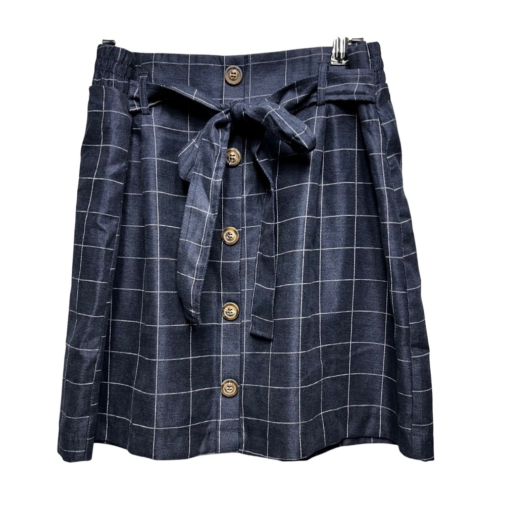 HAVE Button Front Mini Skirt Women L Navy‎ Plaid Minimalist Preppy 92744-CK417